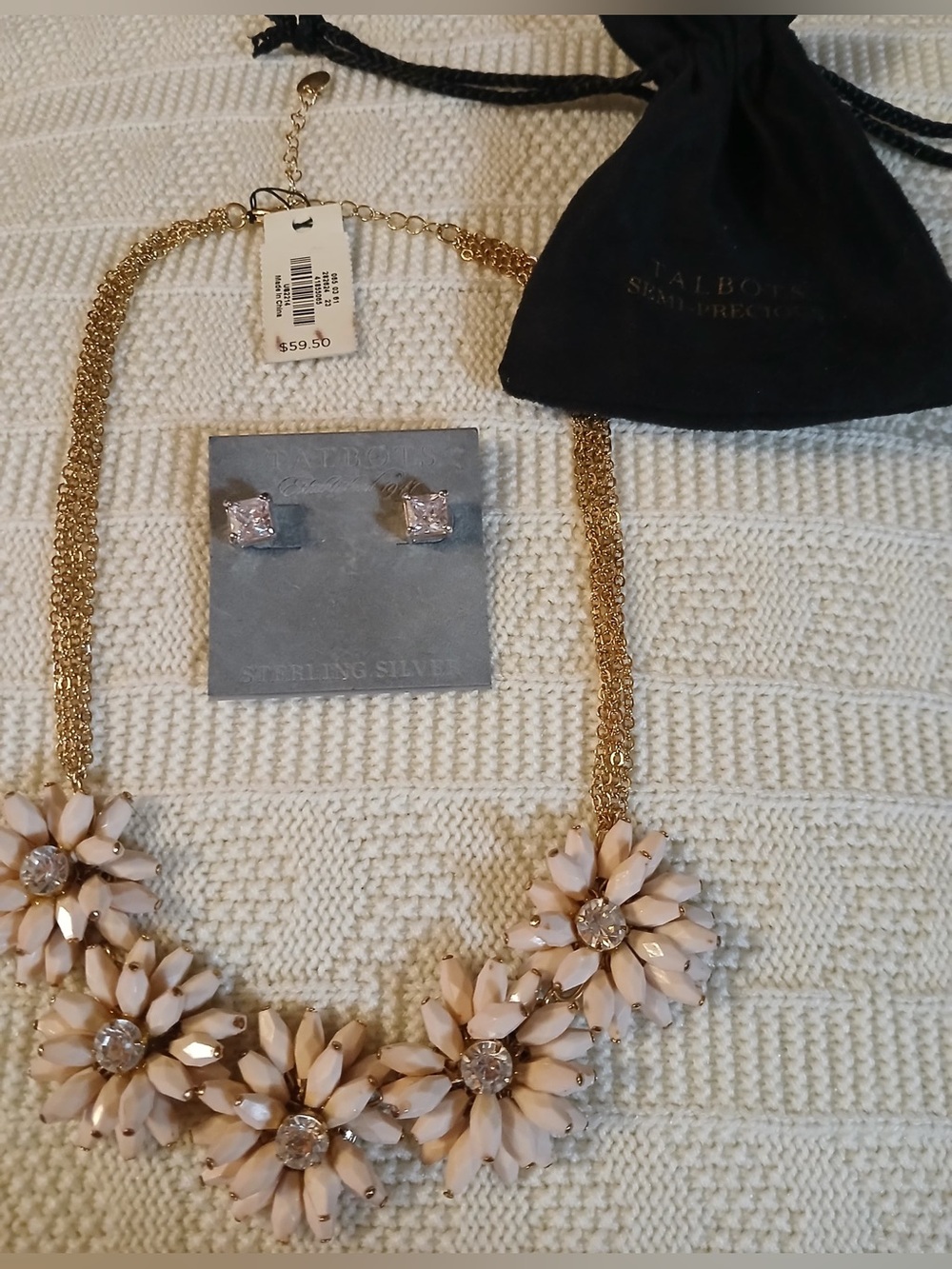 Talbots Gold-Tone Necklace with Blush Pink Floral Clusters and Matching Studs